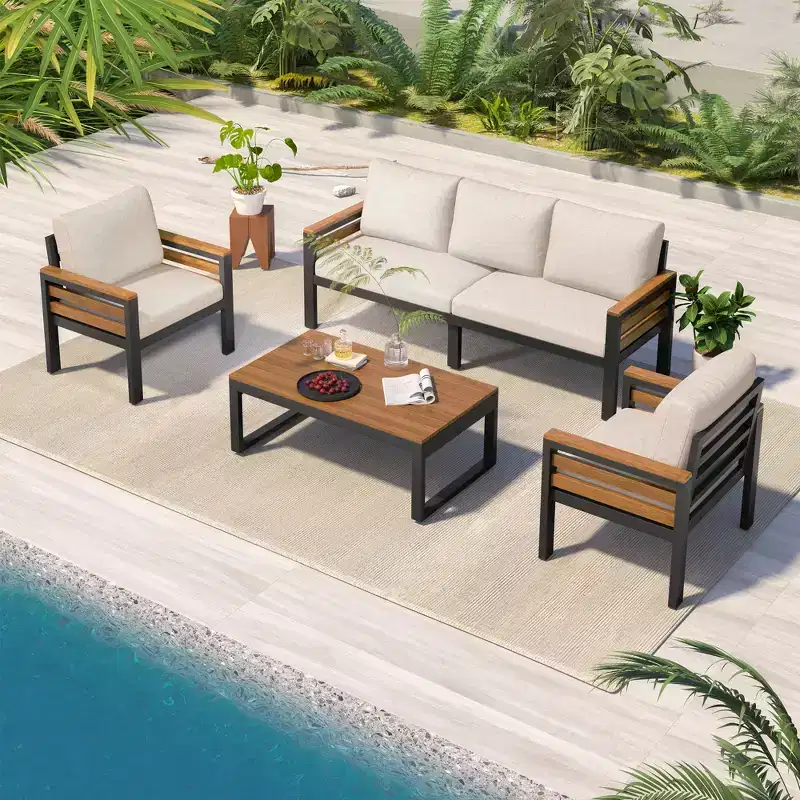 GDFStudio Carter Patio Modern Metal and Acacia Wood 4-Piece Conversation Sofa Set with Coffee Table and Cushions