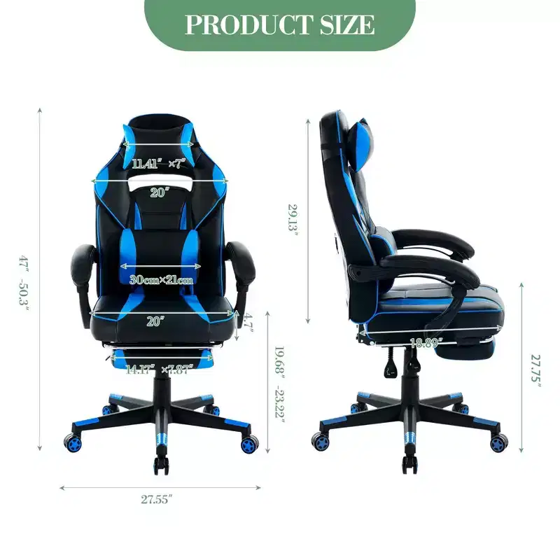 Gaming Chair, Gaming Chair with Footrest and Massage Lumbar Support, Ergonomic Design, High-Back PU Leather Recliner with Headrest, 360 Rotation