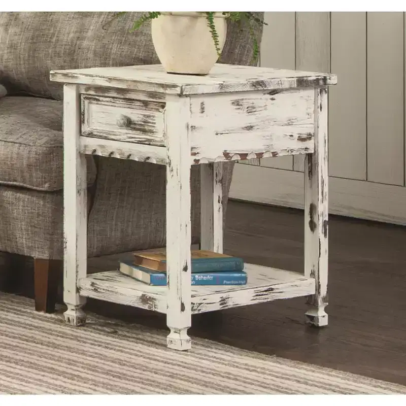 Rustic Cottage Chairside End Table with 1 Drawer & 1 Shelf Antique Dental Work, Distressed White Finish & Square Turned Legs for Living Room