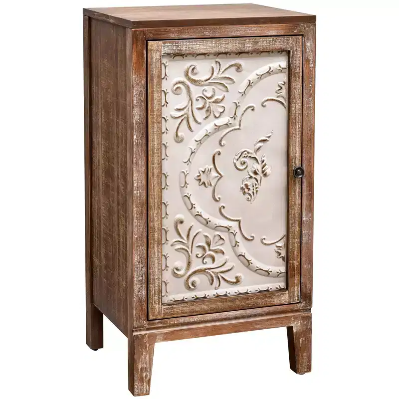Vintage Florentine End Table With Floral Door Panel, 16.5 x 14 x 31 Inches, Indoor Storage Cabinet, Natural and Cream Finish