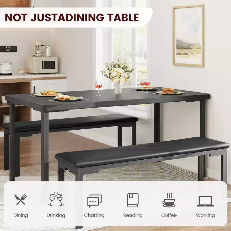 Dining Table Set for 4, Kitchen Table with 2 Benches, Metal Frame, Space-Saving Dining Room Dinette Sets for Kitchen, Dining Room