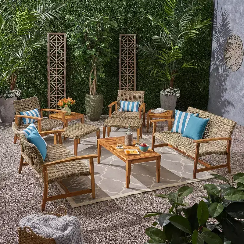 Christopher Knight Home Hampton Outdoor Acacia Wood and Wicker 6 Seater Chat Set with Ottomans