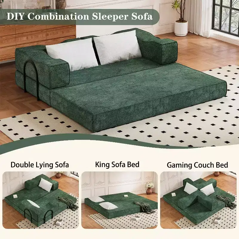 MooxvMoo 80 Convertible Couch Bed with 2 Pillows, 3-Seat Floor Sofa, King Size Sleeper, DIY Combination, Chenille, Green