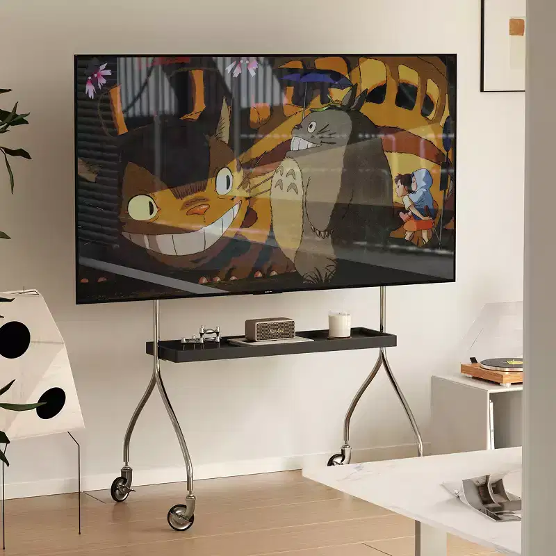 Walk-Around TV Stand with 360° Rotating Wheels, Floor-Standing Display for 43-70 Inch TVs