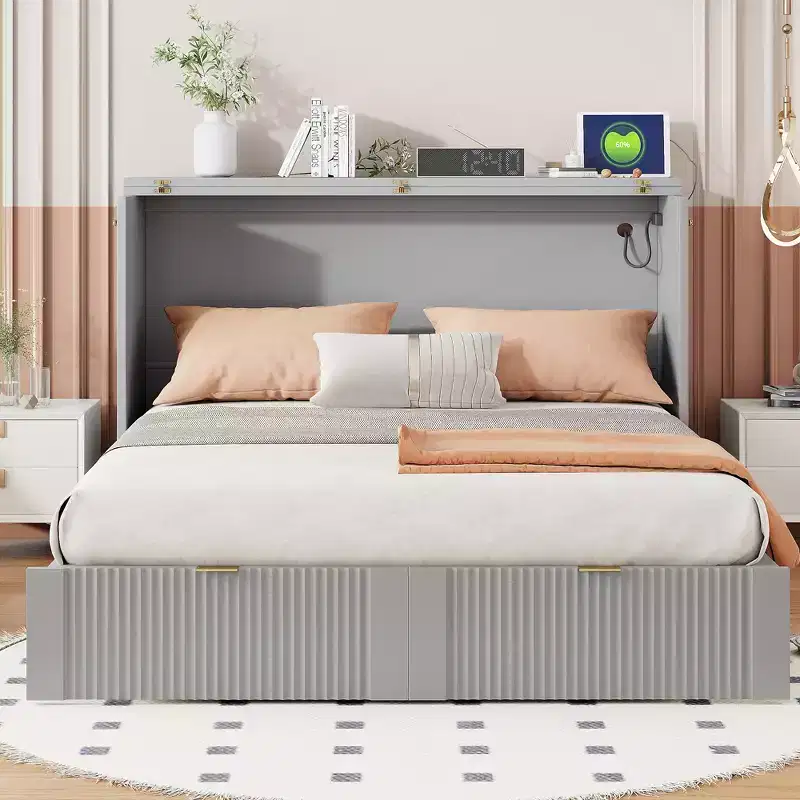 Full Size Murphy Bed with Drawer, Sockets & USB Ports, Pulley Structure Design