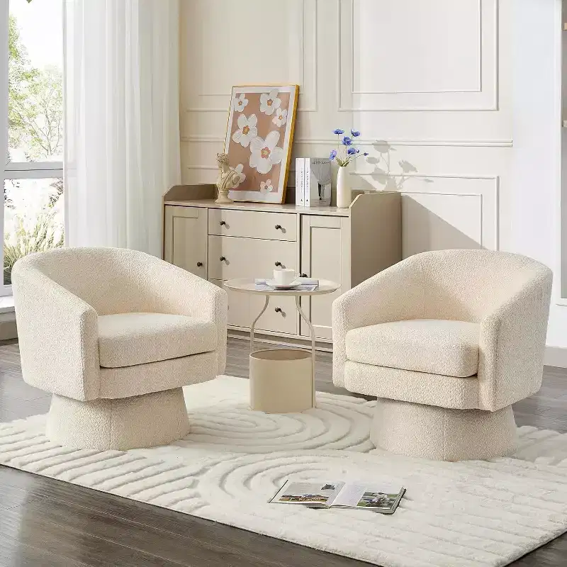 360 Swivel Lounge Chair Plush Chenille Upholstery, Wooden Base with Ottoman, Adjustable (Beige/Grey/Green/Pink) for Living Room & Bedroom