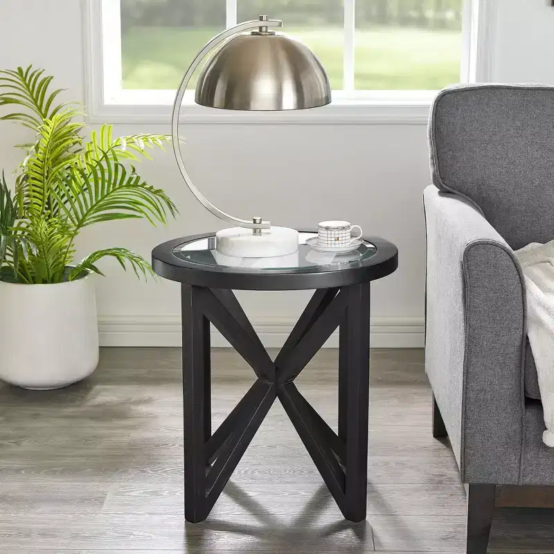 Okak Round Glass Coffee Table, Modern Simple Design, Solid Wood Base, Clear Tempered Glass Top, Living Room Terrace Study Table
