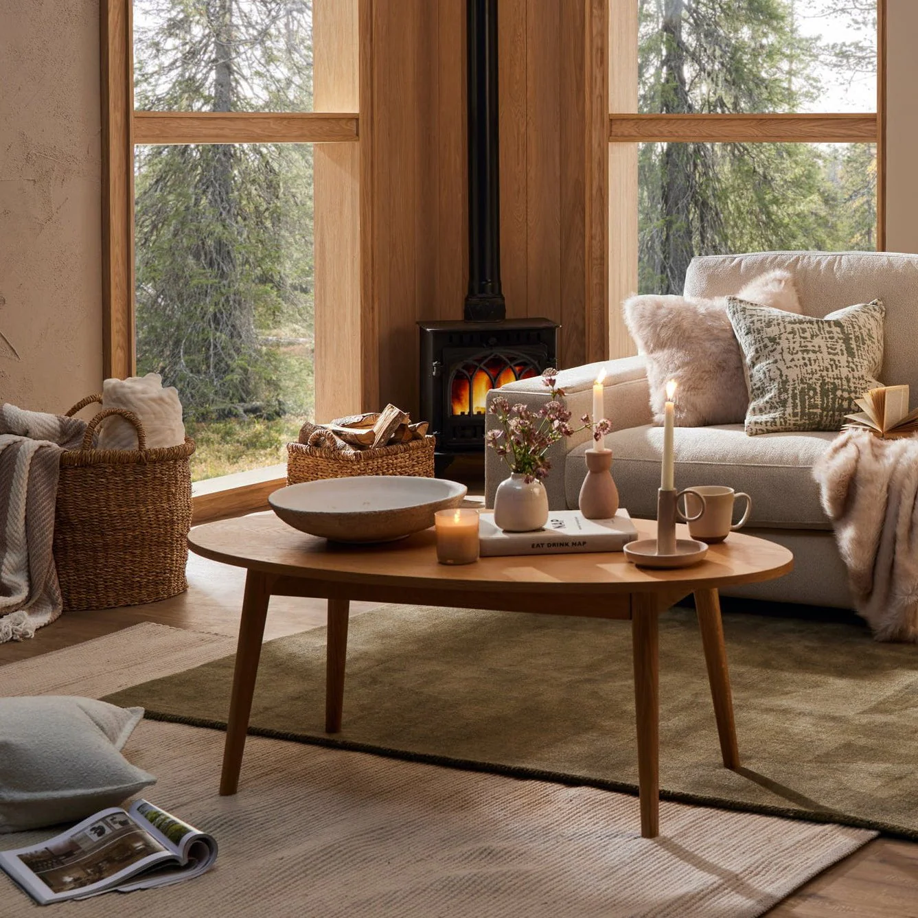 Scandi Light Wood Solid Oak Coffee Table with Oval Shape for Living Room