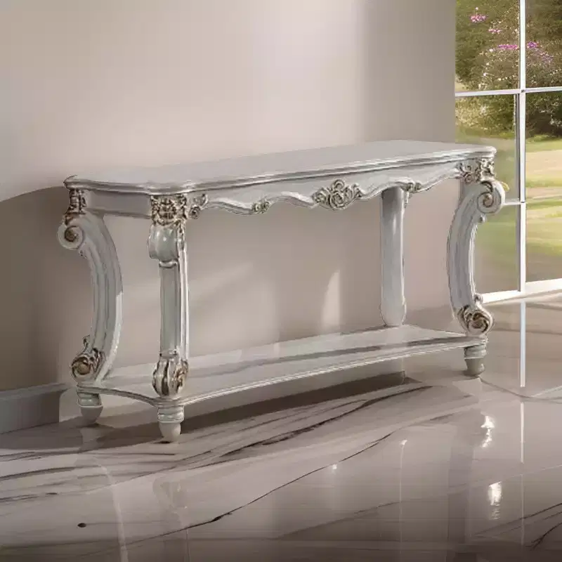 58 Inch Sofa Console Table, Classic Scrolled Legs, Brushed Gold, Shelf