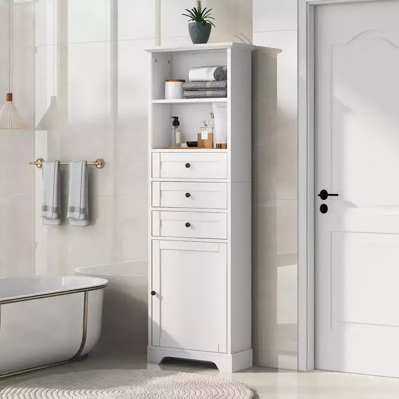 Freestanding Bathroom Cabinet with 3 Drawers, Tall Storage Cabinet with Adjustable Shelves, White
