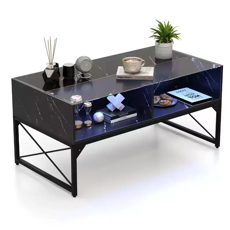 LED Coffee Table with 4 Storage Cubes, Faux Marble and Tempered Glass Top for Living Room, Black