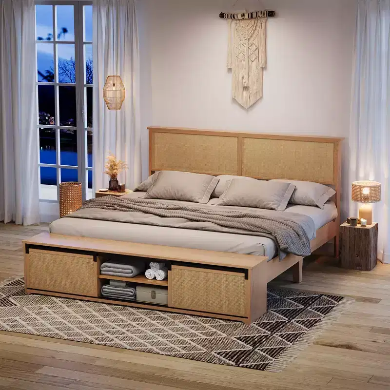 Natural Rattan Queen Bed Frame with Wooden Headboard & Storage Bench & LED Lights, App-Controlled Lighting, Noise Free, No Box Spring Needed