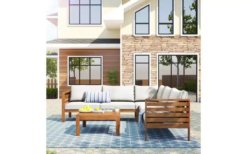 Whisen Patio Sectional Conversation Sofa, Acacia Wood Outdoor Sofa Couch Set, Patio Furniture Sets with Coffee Table & Water-Resistant Cushions