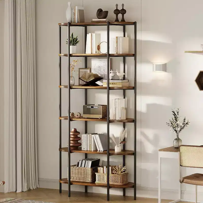 TROPOW 6 Tier Tall Bookcase Industrial Bookshelves Oval Vintage Bookshelf Metal Frame Unique Display Shelf Storage for Home Office, Brown