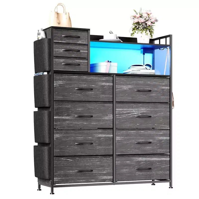 55 Storage Cabinet Dresser with 8+3 Fabric Drawers, 4 Side Pockets, LED Lights & Charging Station for Bedroom