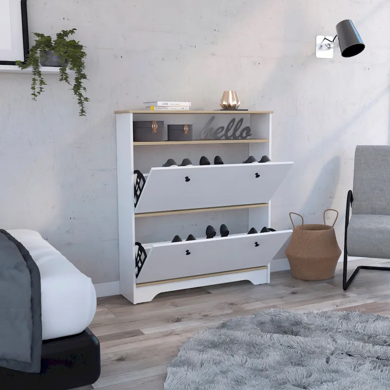 Shoe Rack with Open Shelf and Two Extendable Cabinets