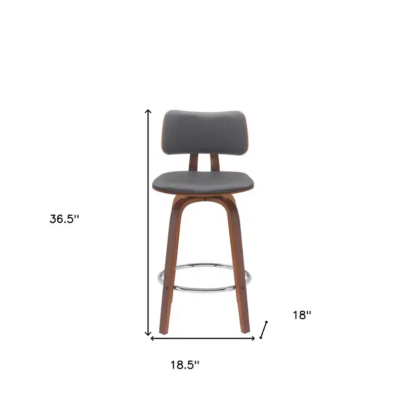 HomeRoots 26 Gray And Wood Brown Faux Leather Swivel Low Back Counter Height Bar Chair