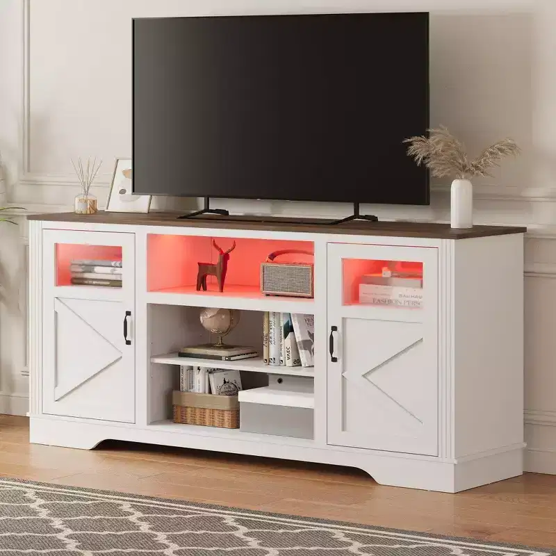 34'' Tall TV Stand for 65 Inch TVs, Entertainment Center with Storage Cabinets, Power Outlet & LED Light