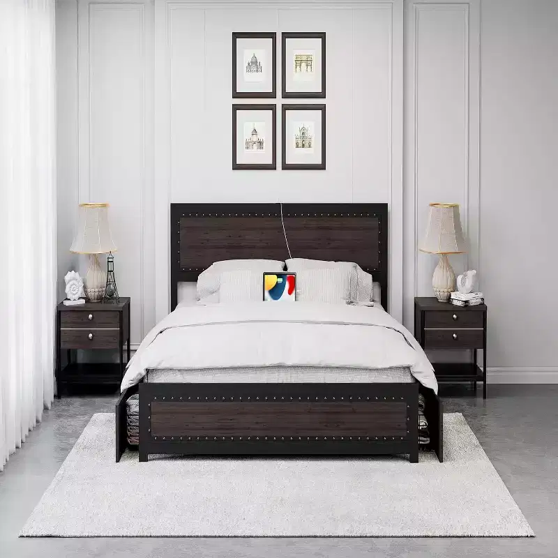 Full Size Platform Bed Frame with 4 Drawers & Headboard, Dark Grey / Light Grey, Sleeps 1–2