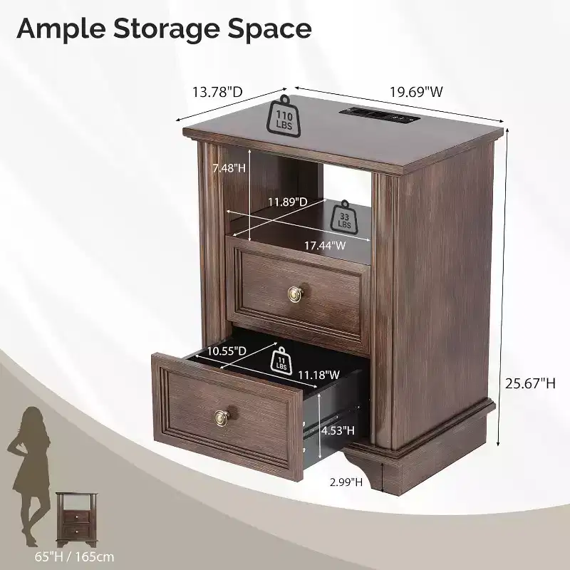 VINGLI 19.7 Nightstand with Charging Station, Wood Nightstand with Drawers, Night Stand for Bedroom