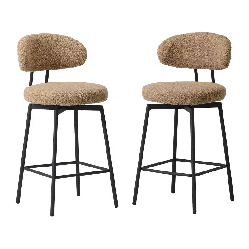 Modern Upholstered Faux Shearling Fabric Counter Height Bar Stools with Back (Set of 2
