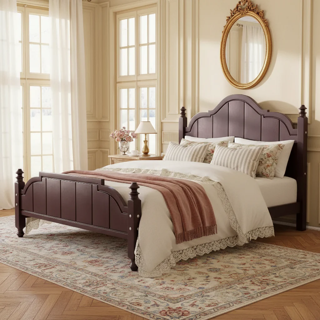 Full/Queen Size Bed Frame with Headboard, Vintage Wooden Platform Bed, No Box Spring Needed
