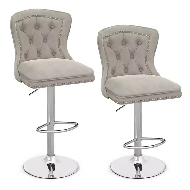 Set of 2 Bar Chairs Dutch Velvet Bar Stool with Footrest Metal Base Anti-Slip Ring Pink/Beige/Grey
