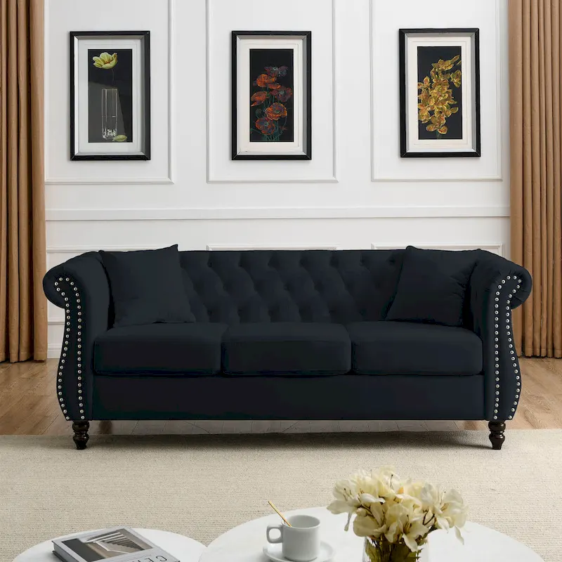 [Video] 80 Chesterfield Sofa Black Velvet for Living Room, 3 Seater Sofa Tufted Couch with Rolled Arms and Nailhead for Living