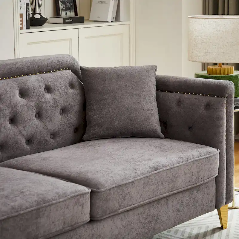 Grey 61.5 Chenille 3-Seater Tufted Sofa with Copper Nail Arms, 2 Pillows