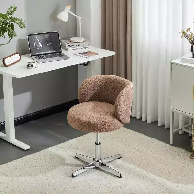 Karl Home Cute Modern Teddy Swivel Chair Armless Adjustable Height Office Desk Chair with No Wheels and Backrest Support In white
