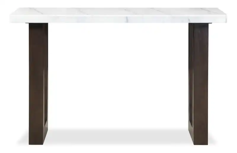 48 Modern Sofa Table - White and Grey Marble Look with Brown Wood Legs