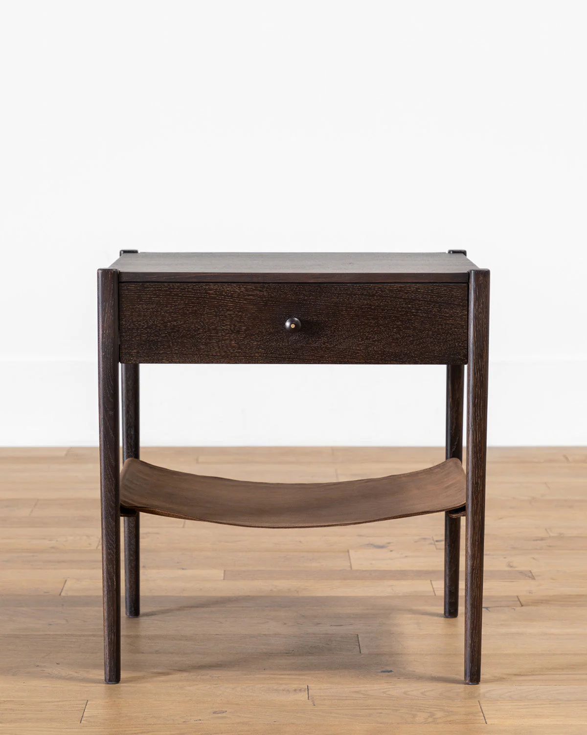 Rustic Oak Nightstand with Leather Shelf & Round Pull for Bedroom