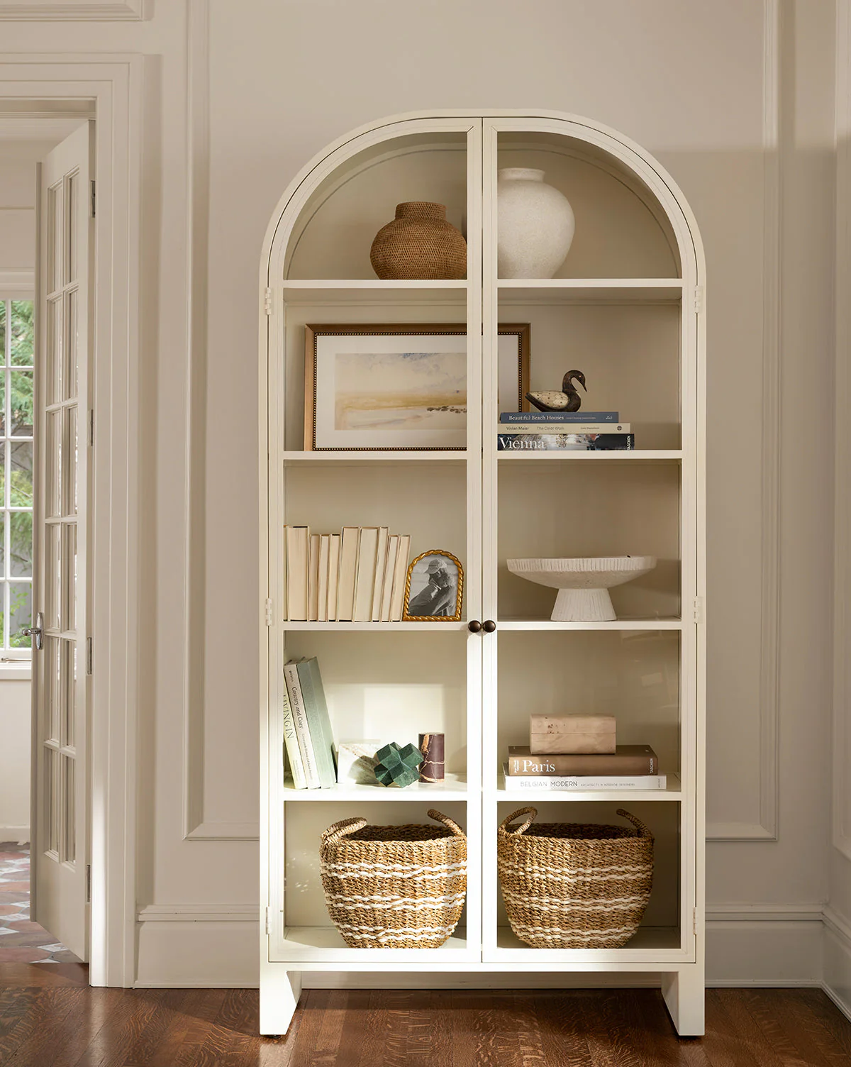 Industrial Iron Cabinet with Rounded Form & Glass Doors for Living Room