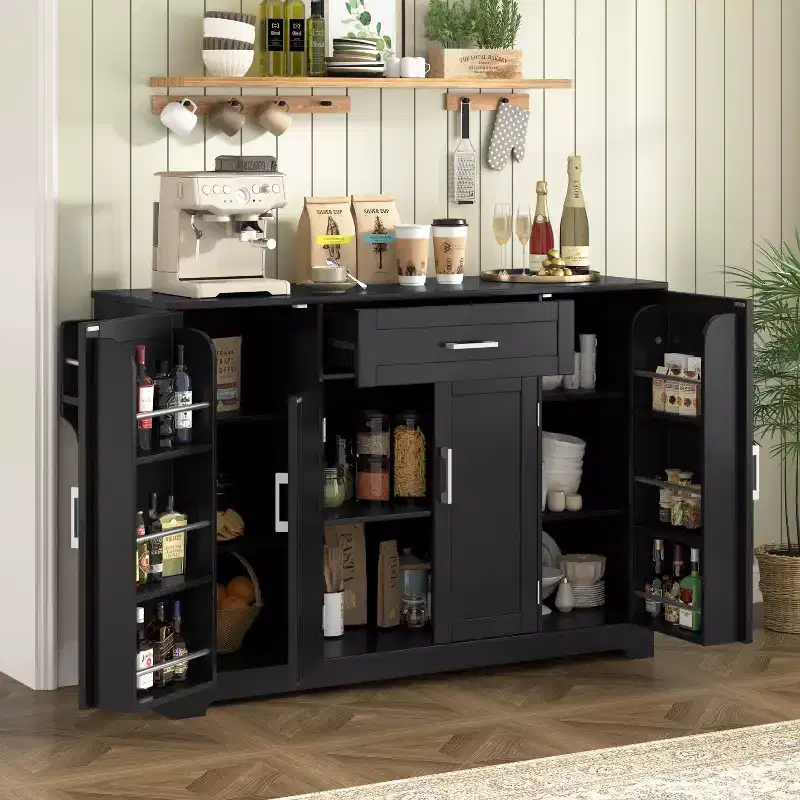 Sideboard Buffet Cabinet, 4-Door Kitchen Storage with Drawer, Adjustable Shelves & Side Racks for Dining Room