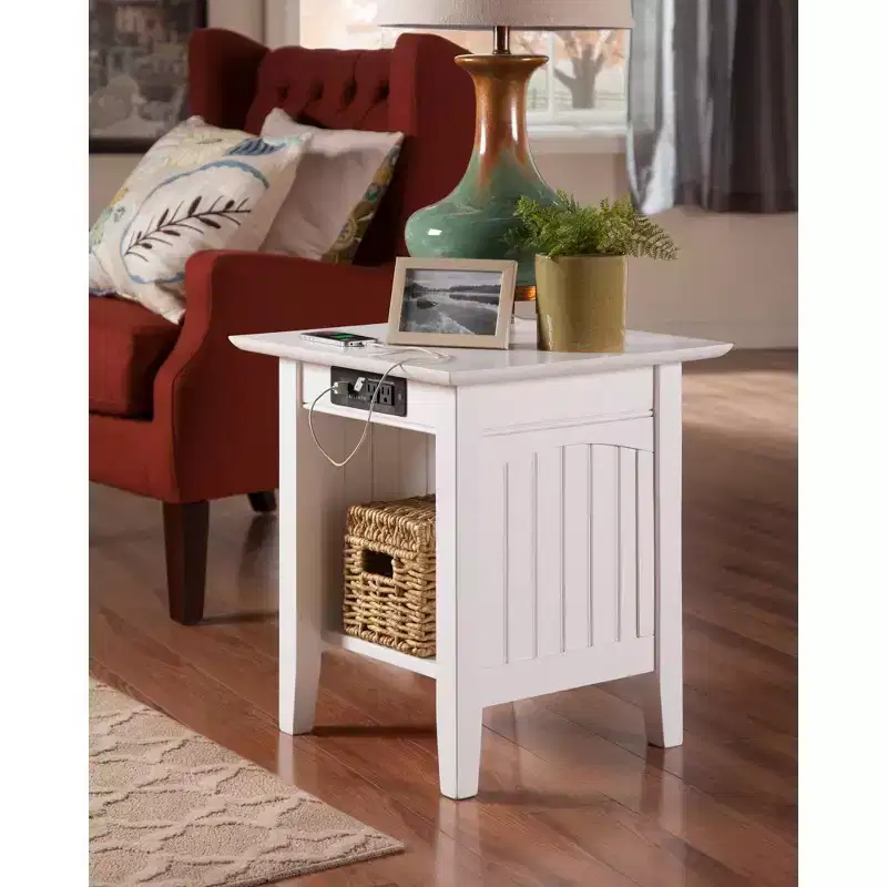 Cottage End Table with Built-In Charger, 2 USB Ports & 2 AC Outlets, White Solid Hardwood