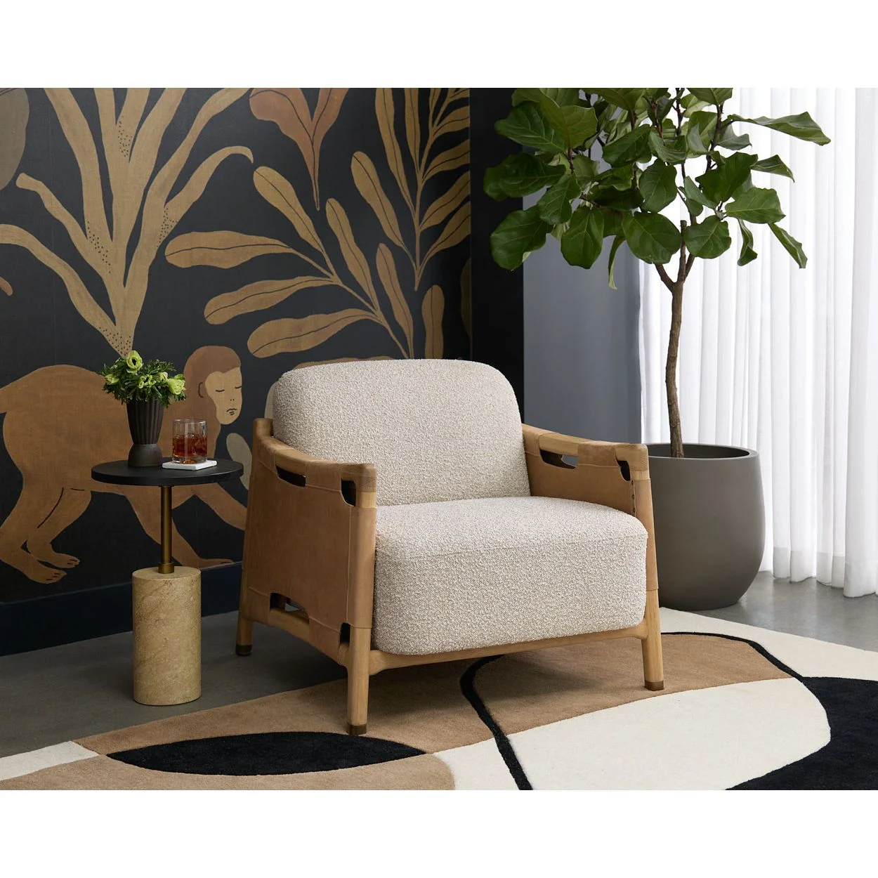 Artisan Solid Oak & Nubuck Leather Lounge Chair with Nailhead Detail & Gold Feet for Living Room