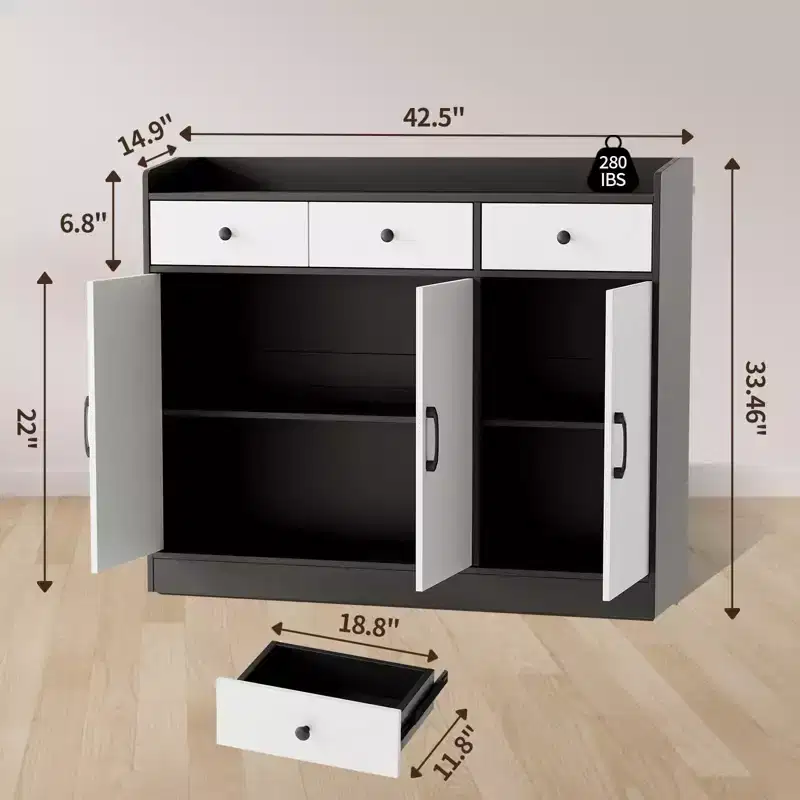 42.5 Sideboard Buffet Cabinet with Adjustable Shelves, Wooden Kitchen Storage Cabinet, Modern Coffee Bar Buffet Table