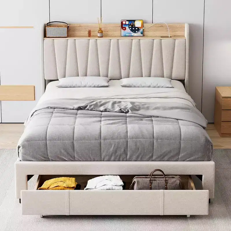Full/Queen Size Upholstered Bed Frame with Storage Headboard, Drawer, Charging Station, Linen Platform, No Box Spring Needed