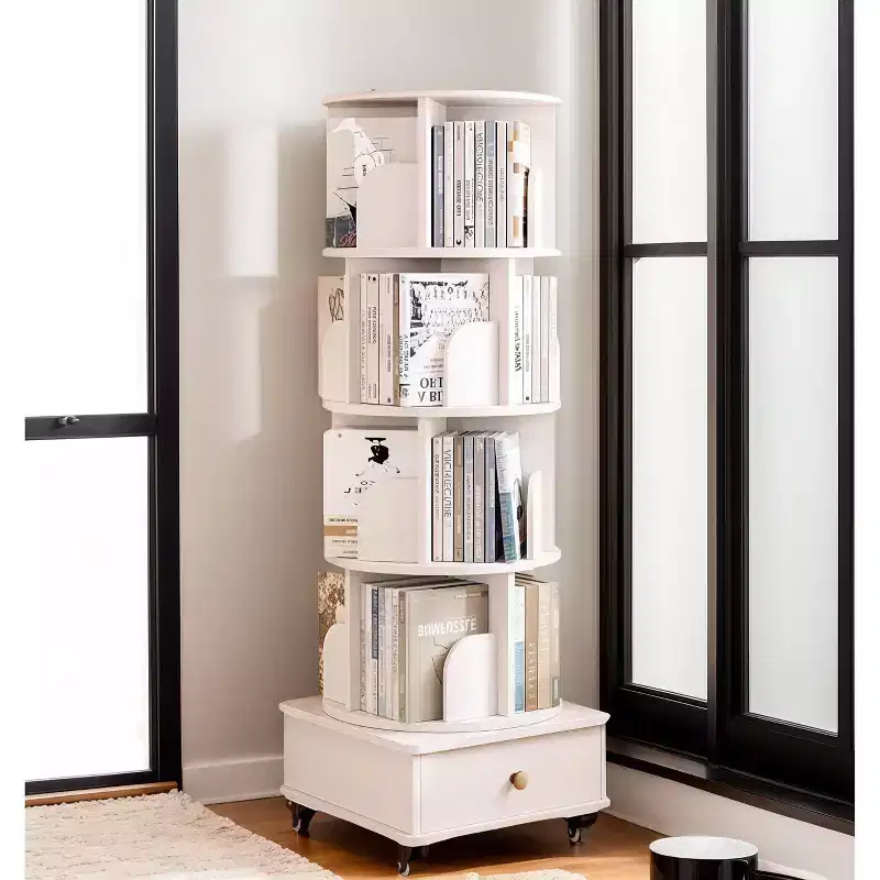 MAYEERTY 360 Display 5 Tier Corner Bookshelf with Drawer for Small Space Floor Standing Bookcase Storage Rack for Living Room Walnut
