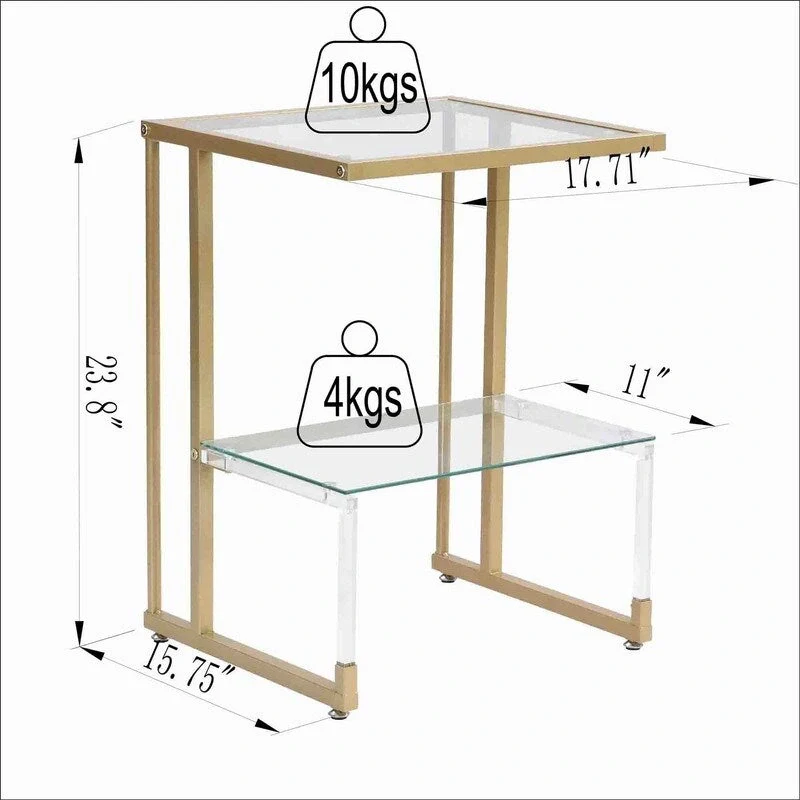 2-Tier End Table with Tempered Glass Shelves & Geometric Metal Frame