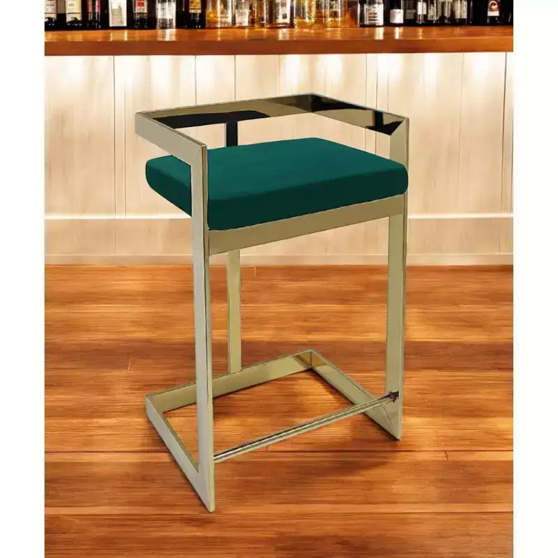 26 Green and Gold Velvet and Stainless Steel Backless Bar Height Bar Chair