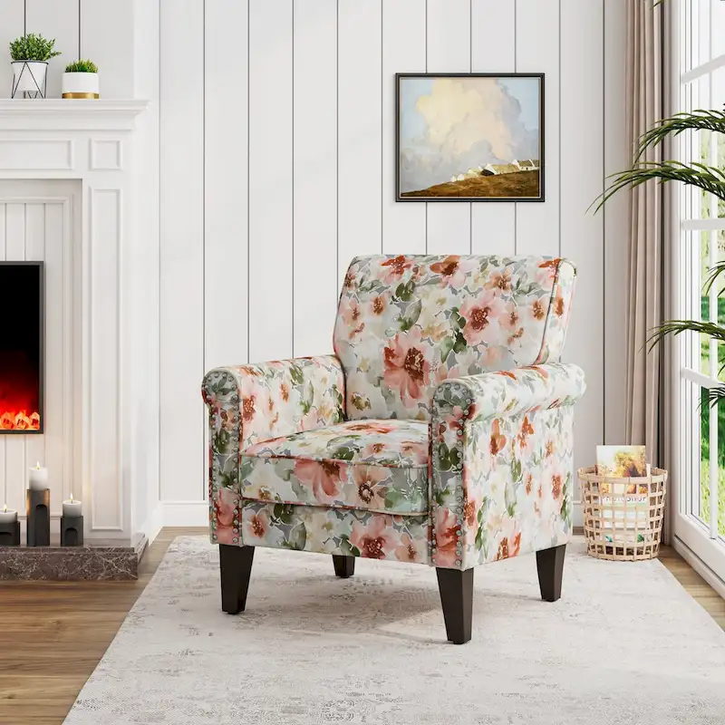 Herve Traditional Rolled Arm Accent Chair with Pewter Nailheads
