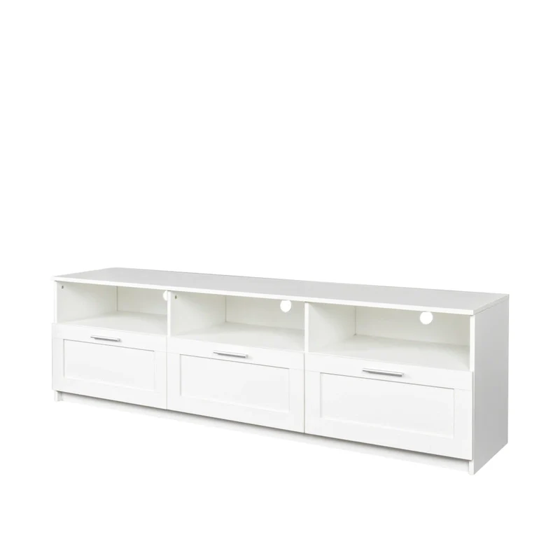 70-Inch TV Stand with Open Shelves and Drawers — White