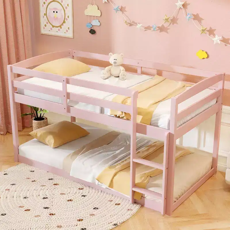 Costway Twin over Twin Low Bunk Bed with Guardrails Integrated Ladder Kids Wooden Grey/White/Beige/Pink