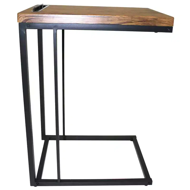 C-Shaped Slide-Under Sofa Side Table with Coffee Top, Black Metal Frame