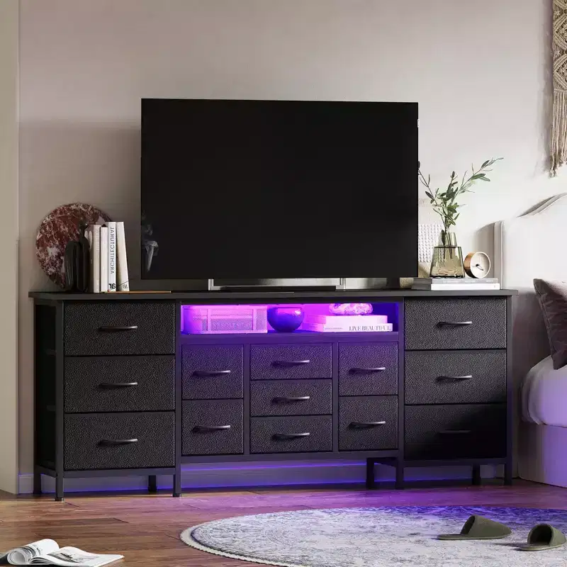 70 Inch Long Dresser TV Stand for 65, 75, 80 Inch TV, Wide 13 Chest of Fabric Drawers Dresser & Power Outlets and LED Lights for Bedroom