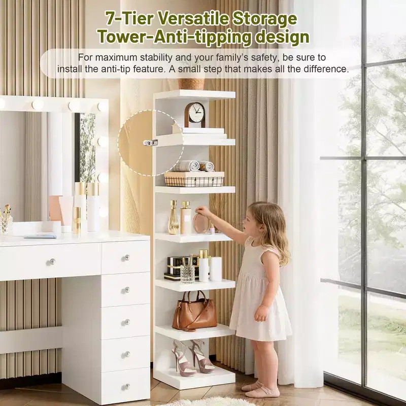 Whisen 2-in-1 Large Storage Makeup Vanity Desk, Dressing Table with Mirror, 11 Drawers, 7-Tier Storage Shelves - White