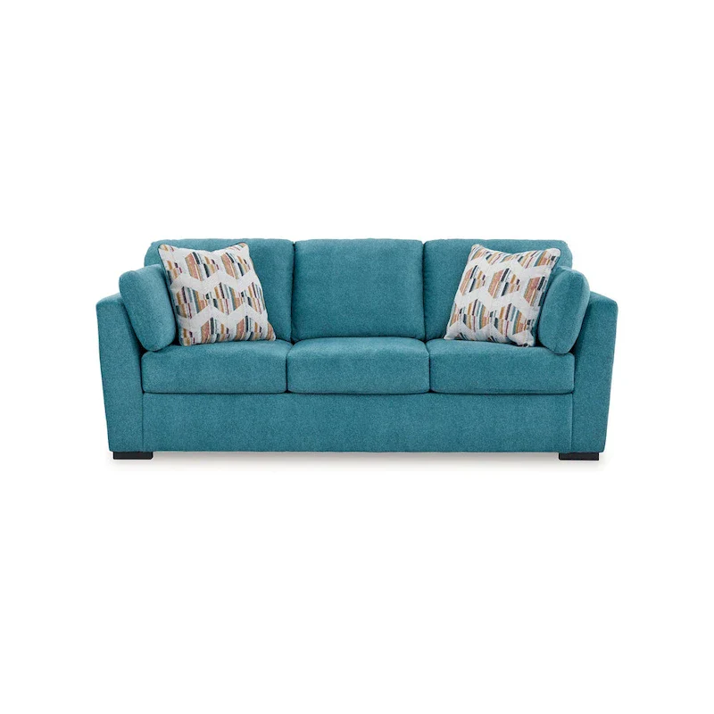 Sofa with 2 Accent Throw Pillows, Teal Blue Faux Velvet 94 Inch