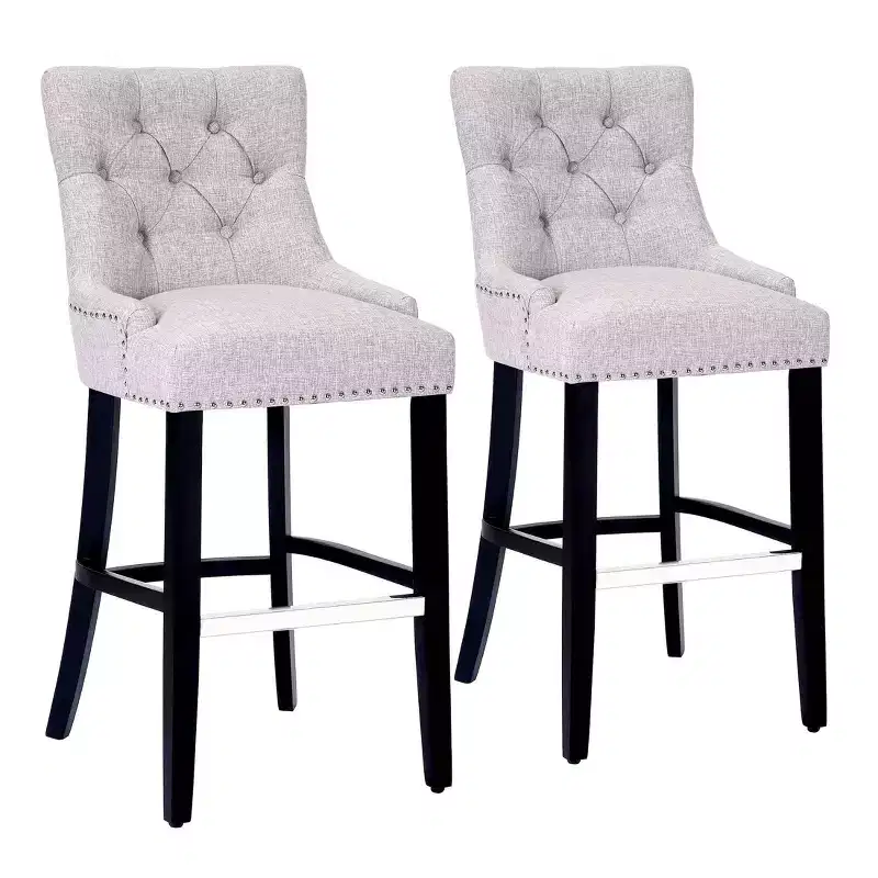 WestinTrends 29 Linen Tufted Buttons Upholstered Wingback Bar Stool (Set of 2), Light Gray