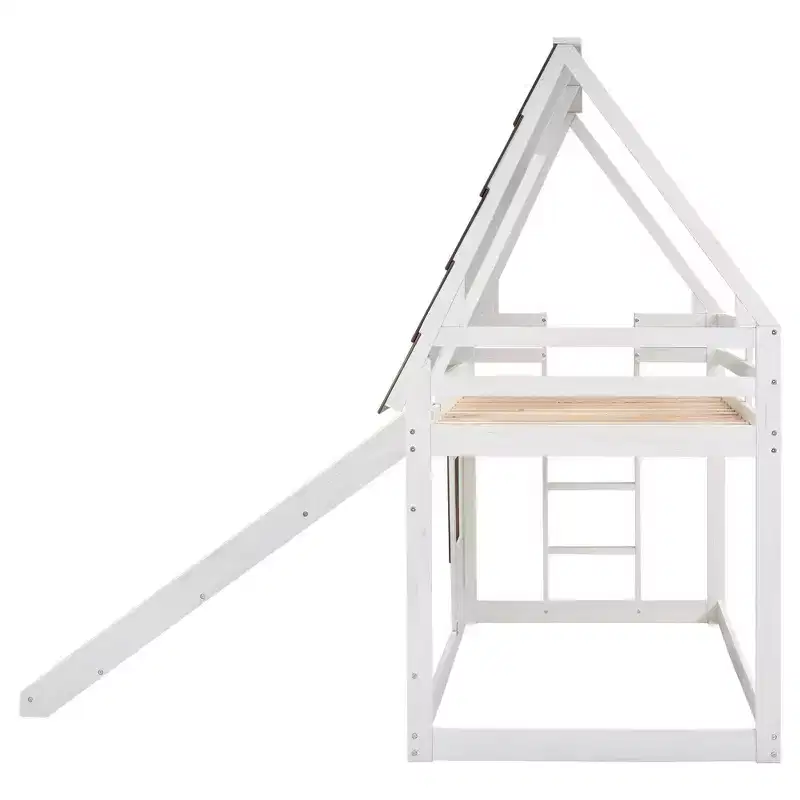 Bunk Bed Frame with Roof, Window, Guardrails & Built-in Ladder(Upgraded) - White & Brown